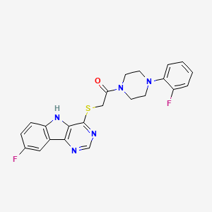 molecular formula C22H19F2N5OS B2643437 2-((8-氟-5H-嘧啶并[5,4-b]吲哚-4-基)硫代)-1-(4-(2-氟苯基)哌嗪-1-基)乙酮 CAS No. 1115880-44-8