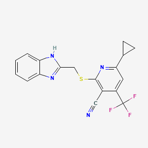 molecular formula C18H13F3N4S B2643533 2-(1H-benzimidazol-2-ylmethylsulfanyl)-6-cyclopropyl-4-(trifluoromethyl)pyridine-3-carbonitrile CAS No. 723747-95-3