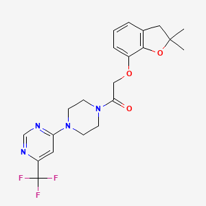 molecular formula C21H23F3N4O3 B2643550 2-((2,2-Dimethyl-2,3-dihydrobenzofuran-7-yl)oxy)-1-(4-(6-(trifluoromethyl)pyrimidin-4-yl)piperazin-1-yl)ethanone CAS No. 2034407-74-2