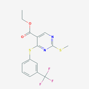 molecular formula C15H13F3N2O2S2 B2643561 Ethyl 2-(methylsulfanyl)-4-{[3-(trifluoromethyl)phenyl]sulfanyl}-5-pyrimidinecarboxylate CAS No. 339019-55-5