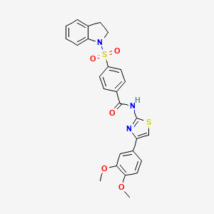 molecular formula C26H23N3O5S2 B2643661 4-(2,3-dihydroindol-1-ylsulfonyl)-N-[4-(3,4-dimethoxyphenyl)-1,3-thiazol-2-yl]benzamide CAS No. 361170-62-9