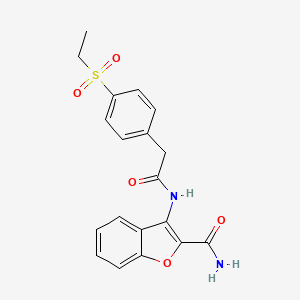molecular formula C19H18N2O5S B2643742 3-(2-(4-(Ethylsulfonyl)phenyl)acetamido)benzofuran-2-carboxamide CAS No. 941992-57-0