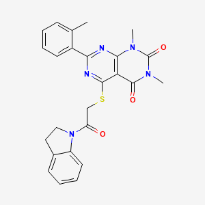 molecular formula C25H23N5O3S B2643797 5-((2-(indolin-1-yl)-2-oxoethyl)thio)-1,3-dimethyl-7-(o-tolyl)pyrimido[4,5-d]pyrimidine-2,4(1H,3H)-dione CAS No. 872629-26-0