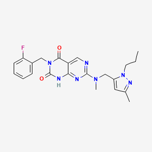 molecular formula C22H24FN7O2 B2643807 3-(2-fluorobenzyl)-7-{methyl[(3-methyl-1-propyl-1H-pyrazol-5-yl)methyl]amino}pyrimido[4,5-d]pyrimidine-2,4(1H,3H)-dione CAS No. 1396758-95-4