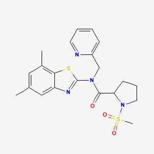 molecular formula C21H24N4O3S2 B2643814 N-(5,7-二甲基苯并[d]噻唑-2-基)-1-(甲磺酰)-N-(吡啶-2-基甲基)吡咯烷-2-甲酰胺 CAS No. 1219198-24-9