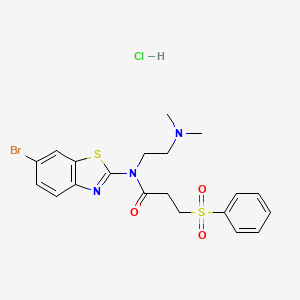 molecular formula C20H23BrClN3O3S2 B2644154 N-(6-bromobenzo[d]thiazol-2-yl)-N-(2-(dimethylamino)ethyl)-3-(phenylsulfonyl)propanamide hydrochloride CAS No. 1216679-99-0