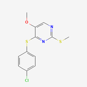 molecular formula C12H11ClN2OS2 B2644191 4-((4-Chlorophenyl)sulfanyl)-2-(methylsulfanyl)-5-pyrimidinyl methyl ether CAS No. 338954-61-3