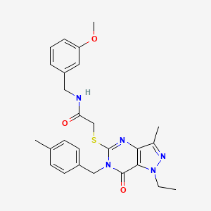 molecular formula C26H29N5O3S B2644228 2-({1-ethyl-3-methyl-6-[(4-methylphenyl)methyl]-7-oxo-1H,6H,7H-pyrazolo[4,3-d]pyrimidin-5-yl}sulfanyl)-N-[(3-methoxyphenyl)methyl]acetamide CAS No. 1359128-53-2