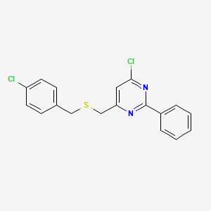 molecular formula C18H14Cl2N2S B2644244 4-Chlorobenzyl (6-chloro-2-phenyl-4-pyrimidinyl)methyl sulfide CAS No. 339279-19-5