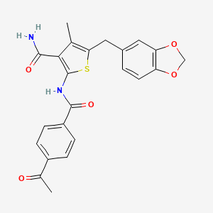 molecular formula C23H20N2O5S B2644275 2-(4-乙酰苯甲酰胺)-5-(苯并[d][1,3]二氧杂环-5-基甲基)-4-甲硫代吩-3-甲酰胺 CAS No. 476368-56-6