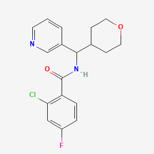 molecular formula C18H18ClFN2O2 B2644387 2-chloro-4-fluoro-N-(pyridin-3-yl(tetrahydro-2H-pyran-4-yl)methyl)benzamide CAS No. 2034247-02-2