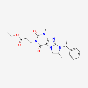 molecular formula C22H25N5O4 B2644409 ethyl 3-(1,7-dimethyl-2,4-dioxo-8-(1-phenylethyl)-1H-imidazo[2,1-f]purin-3(2H,4H,8H)-yl)propanoate CAS No. 919009-29-3