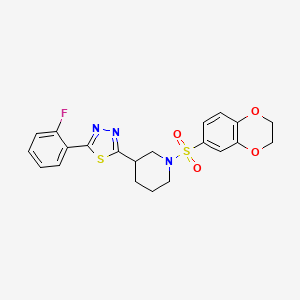 2-(1-((2,3-Dihydrobenzo[b][1,4]dioxin-6-yl)sulfonyl)piperidin-3-yl)-5-(2-fluorophenyl)-1,3,4-thiadiazole