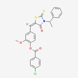 molecular formula C26H20ClNO4S2 B2644527 2-Methoxy-4-{[4-oxo-3-(1-phenylethyl)-2-sulfanylidene-1,3-thiazolidin-5-ylidene]methyl}-phenyl 4-chlorobenzoate CAS No. 374615-77-7