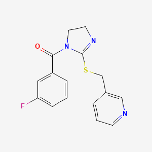 molecular formula C16H14FN3OS B2644553 (3-fluorophenyl)(2-((pyridin-3-ylmethyl)thio)-4,5-dihydro-1H-imidazol-1-yl)methanone CAS No. 851807-57-3