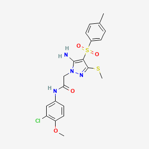 molecular formula C20H21ClN4O4S2 B2644587 2-(5-氨基-3-(甲硫基)-4-甲苯磺酰-1H-吡唑-1-基)-N-(3-氯-4-甲氧基苯基)乙酰胺 CAS No. 1019097-98-3