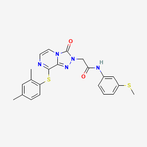 molecular formula C22H21N5O2S2 B2644646 2-(4-{[3,5,6-Trimethyl-2-(piperidin-1-ylcarbonyl)-1-benzofuran-7-yl]sulfonyl}piperazin-1-yl)pyrimidine CAS No. 1251677-17-4