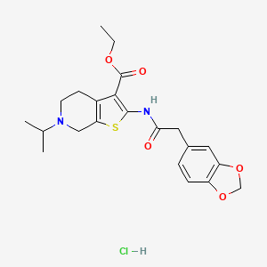 molecular formula C22H27ClN2O5S B2644653 盐酸乙基2-(2-(苯并[d][1,3]二氧杂环-5-基)乙酰胺)-6-异丙基-4,5,6,7-四氢噻吩并[2,3-c]吡啶-3-羧酸酯 CAS No. 1329941-12-9