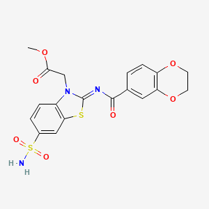 molecular formula C19H17N3O7S2 B2644834 2-[2-(2,3-二氢-1,4-苯并二氧杂环-6-羰基亚氨基)-6-磺酰胺基-1,3-苯并噻唑-3-基]乙酸甲酯 CAS No. 865199-05-9