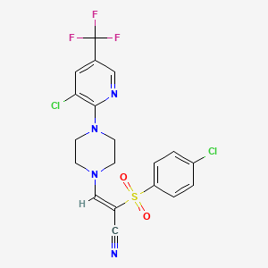 molecular formula C19H15Cl2F3N4O2S B2644871 2-((4-Chlorophenyl)sulfonyl)-3-(4-(3-chloro-5-(trifluoromethyl)(2-pyridyl))piperazinyl)prop-2-enenitrile CAS No. 1024782-73-7
