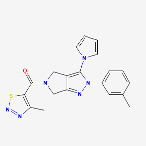 molecular formula C20H18N6OS B2645121 (3-(1H-吡咯-1-基)-2-(间甲苯基)吡咯并[3,4-c]吡唑-5(2H,4H,6H)-基)(4-甲基-1,2,3-噻二唑-5-基)甲苯酮 CAS No. 1334373-45-3