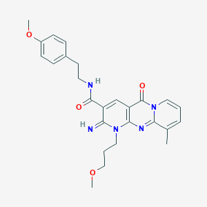 molecular formula C26H29N5O4 B264513 6-imino-N-[2-(4-methoxyphenyl)ethyl]-7-(3-methoxypropyl)-11-methyl-2-oxo-1,7,9-triazatricyclo[8.4.0.0^{3,8}]tetradeca-3(8),4,9,11,13-pentaene-5-carboxamide 