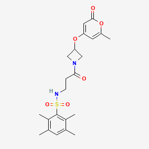 2,3,5,6-tetramethyl-N-(3-(3-((6-methyl-2-oxo-2H-pyran-4-yl)oxy)azetidin-1-yl)-3-oxopropyl)benzenesulfonamide
