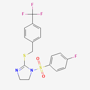 molecular formula C17H14F4N2O2S2 B2645162 1-(4-Fluorophenyl)sulfonyl-2-[[4-(trifluoromethyl)phenyl]methylsulfanyl]-4,5-dihydroimidazole CAS No. 868218-30-8