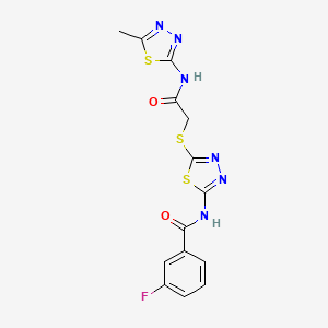 molecular formula C14H11FN6O2S3 B2645203 3-氟-N-(5-((2-((5-甲基-1,3,4-噻二唑-2-基)氨基)-2-氧代乙基)硫代)-1,3,4-噻二唑-2-基)苯甲酰胺 CAS No. 392319-23-2
