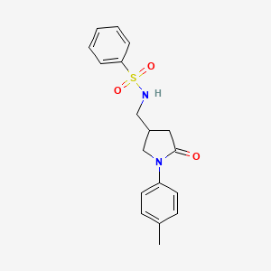molecular formula C18H20N2O3S B2645332 N-((5-oxo-1-(p-tolyl)pyrrolidin-3-yl)methyl)benzenesulfonamide CAS No. 955234-23-8