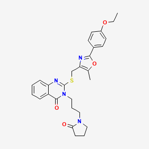 molecular formula C28H30N4O4S B2645333 2-(((2-(4-ethoxyphenyl)-5-methyloxazol-4-yl)methyl)thio)-3-(3-(2-oxopyrrolidin-1-yl)propyl)quinazolin-4(3H)-one CAS No. 1114828-05-5
