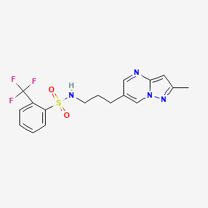molecular formula C17H17F3N4O2S B2645339 N-(3-(2-甲基吡唑并[1,5-a]嘧啶-6-基)丙基)-2-(三氟甲基)苯磺酰胺 CAS No. 1797019-72-7