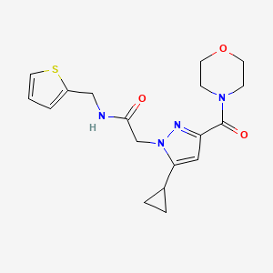 molecular formula C18H22N4O3S B2645341 2-(5-cyclopropyl-3-(morpholine-4-carbonyl)-1H-pyrazol-1-yl)-N-(thiophen-2-ylmethyl)acetamide CAS No. 1172279-33-2