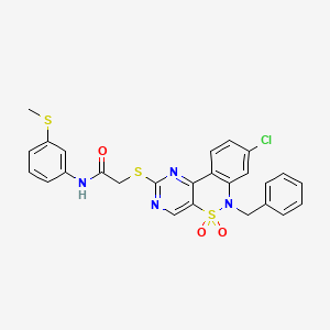 molecular formula C26H21ClN4O3S3 B2645406 2-((6-benzyl-8-chloro-5,5-dioxido-6H-benzo[c]pyrimido[4,5-e][1,2]thiazin-2-yl)thio)-N-(3-(methylthio)phenyl)acetamide CAS No. 1115413-93-8