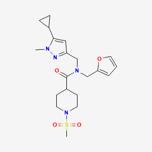 molecular formula C20H28N4O4S B2645453 N-((5-环丙基-1-甲基-1H-吡唑-3-基)甲基)-N-(呋喃-2-基甲基)-1-(甲磺酰基)哌啶-4-甲酰胺 CAS No. 1788682-09-6