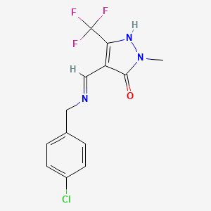 molecular formula C13H11ClF3N3O B2645630 4-[(4-氯苄基)亚氨基]亚甲基-2-甲基-5-(三氟甲基)-2,4-二氢-3H-吡唑-3-酮 CAS No. 320425-19-2