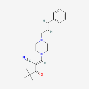 molecular formula C21H27N3O B2645632 (2E)-4,4-dimethyl-3-oxo-2-[[4-[(E)-3-phenylprop-2-enyl]piperazin-1-yl]methylidene]pentanenitrile CAS No. 1025295-23-1