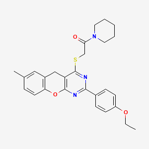 molecular formula C27H29N3O3S B2645691 2-((2-(4-ethoxyphenyl)-7-methyl-5H-chromeno[2,3-d]pyrimidin-4-yl)thio)-1-(piperidin-1-yl)ethanone CAS No. 895646-38-5