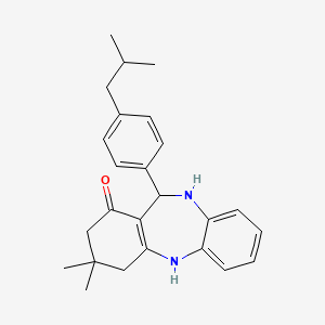 molecular formula C25H30N2O B2645709 9,9-二甲基-6-[4-(2-甲基丙基)苯基]-6,8,10,11-四氢-5H-苯并[b][1,4]苯并二氮杂卓-7-酮 CAS No. 1024046-96-5