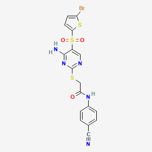 molecular formula C17H12BrN5O3S3 B2645750 2-((4-amino-5-((5-bromothiophen-2-yl)sulfonyl)pyrimidin-2-yl)thio)-N-(4-cyanophenyl)acetamide CAS No. 1223923-12-3