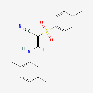 molecular formula C18H18N2O2S B2645816 (E)-3-(2,5-二甲基苯胺基)-2-(4-甲基苯基)磺酰丙-2-烯腈 CAS No. 1025640-63-4