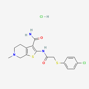 molecular formula C17H19Cl2N3O2S2 B2645859 2-(2-((4-Chlorophenyl)thio)acetamido)-6-methyl-4,5,6,7-tetrahydrothieno[2,3-c]pyridine-3-carboxamide hydrochloride CAS No. 1329872-68-5