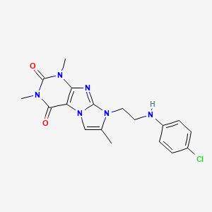 molecular formula C18H19ClN6O2 B2645869 8-(2-((4-氯苯基)氨基)乙基)-1,3,7-三甲基-1H-咪唑并[2,1-f]嘌呤-2,4(3H,8H)-二酮 CAS No. 923204-07-3