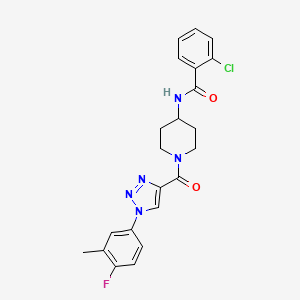 molecular formula C22H21ClFN5O2 B2646001 2-chloro-N-(1-(1-(4-fluoro-3-methylphenyl)-1H-1,2,3-triazole-4-carbonyl)piperidin-4-yl)benzamide CAS No. 1251556-99-6