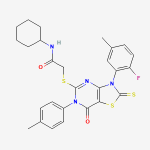 molecular formula C27H27FN4O2S3 B2646036 N-cyclohexyl-2-[[3-(2-fluoro-5-methylphenyl)-6-(4-methylphenyl)-7-oxo-2-sulfanylidene-[1,3]thiazolo[4,5-d]pyrimidin-5-yl]sulfanyl]acetamide CAS No. 422305-98-4