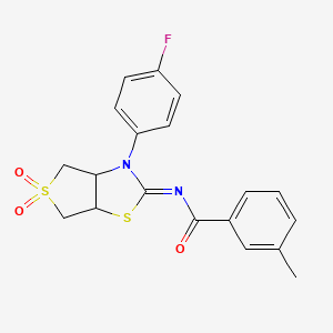 molecular formula C19H17FN2O3S2 B2646203 (E)-N-(3-(4-fluorophenyl)-5,5-dioxidotetrahydrothieno[3,4-d]thiazol-2(3H)-ylidene)-3-methylbenzamide CAS No. 873811-04-2