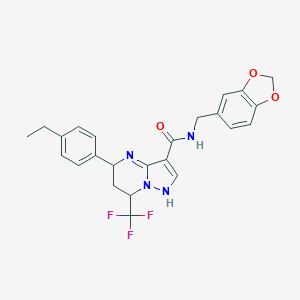 molecular formula C24H23F3N4O3 B264638 N-(1,3-benzodioxol-5-ylmethyl)-5-(4-ethylphenyl)-7-(trifluoromethyl)-1,5,6,7-tetrahydropyrazolo[1,5-a]pyrimidine-3-carboxamide 