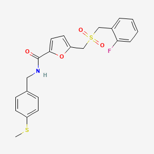 molecular formula C21H20FNO4S2 B2646392 5-(((2-fluorobenzyl)sulfonyl)methyl)-N-(4-(methylthio)benzyl)furan-2-carboxamide CAS No. 1448077-42-6