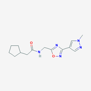 molecular formula C14H19N5O2 B2646474 2-cyclopentyl-N-((3-(1-methyl-1H-pyrazol-4-yl)-1,2,4-oxadiazol-5-yl)methyl)acetamide CAS No. 2034296-36-9