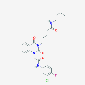 molecular formula C26H30ClFN4O4 B2646487 5-(1-(2-((3-chloro-4-fluorophenyl)amino)-2-oxoethyl)-2,4-dioxo-1,2-dihydroquinazolin-3(4H)-yl)-N-isopentylpentanamide CAS No. 1189696-55-6